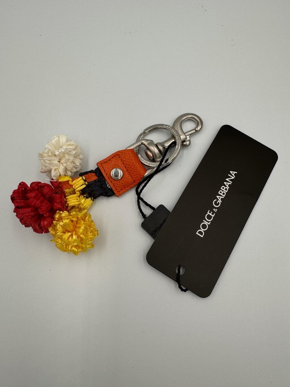 DOLCE & GABBANA Keychain Red White Raffia Leather Clasp Finder Keyring